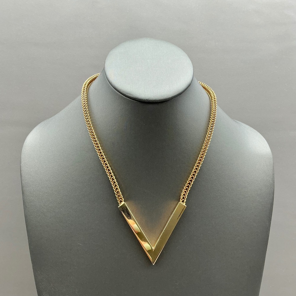 Emmons Necklace Vintage Gold Tone Double Chain Geometric V Pendant Statement